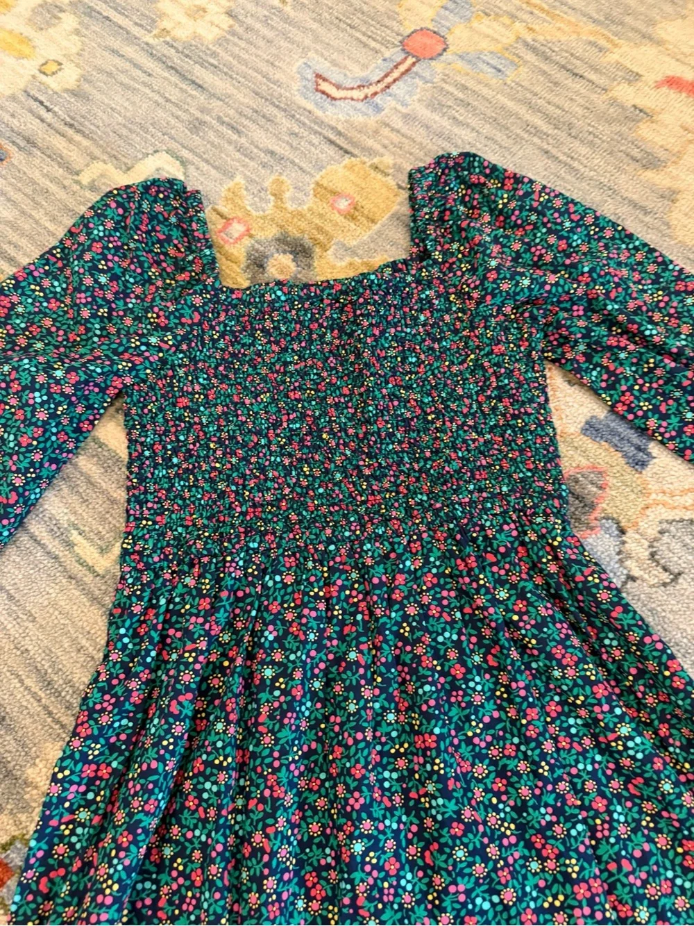 crewcuts Girls' long-sleeve teal smocked dress in floral size 10